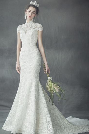 Collar Short Sleeve Mermaid Wedding Dress Slim Floral Lace Bridal Gown