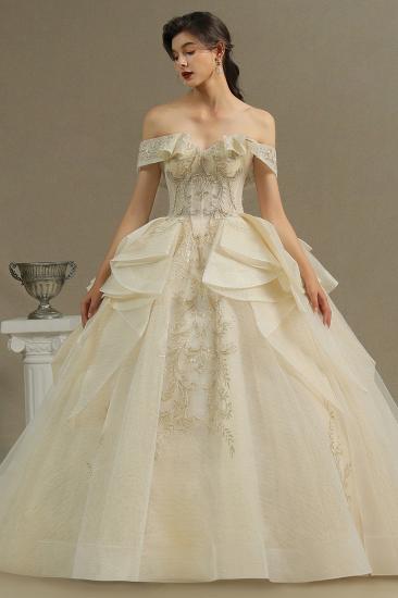 Gorgeous Off-the-Shoulder Floral Appliques Ball Gown Ivory aline Bridal Gown_2