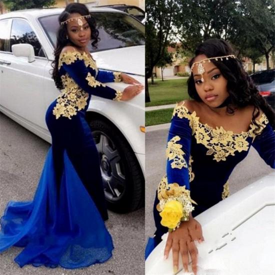 Off The Shoulder Gold Lace Prom Dress | 2022 Royal Blue Velvet Sexy Evening Gown_4