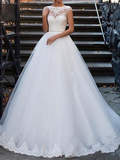 Vintage A-Line Wedding Dress Bateau Lace Cap Sleeve Glamorous Bridal Gowns Illusion Detail Backless with Sweep Train