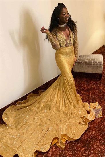 Sparkling Appliques Fit and Flare Prom Dresses | Alluring Sexy V-neck Gold Long Sleeve Evening Gowns_1
