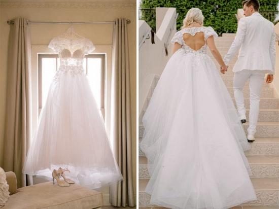 Elegant V-Neck Short Sleeve A-line Wedding Dress White Appliques_4