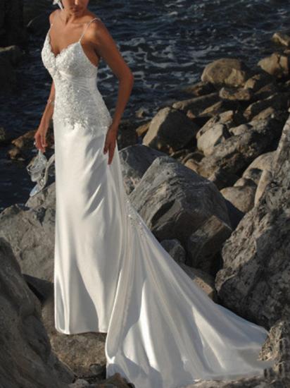 Formelles Meerjungfrau-Hochzeitskleid mit V-Ausschnitt, Spitze, ärmellos, Strand-Brautkleider, Sweep-Zug