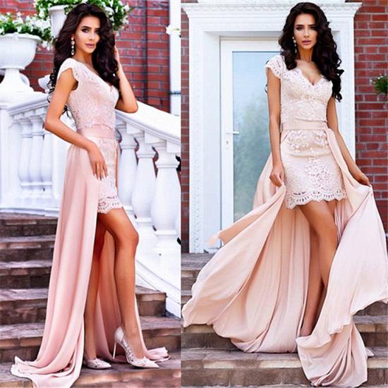 2022 Lace Pink V-Ausschnitt Kurze Abendkleider mit Überrock Günstiges formelles Kleid_6