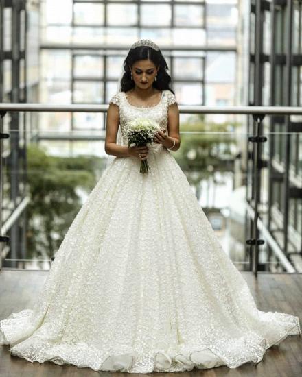 Romantic Cap Sleeves Lace A-line Bridal Dress with Chapel Train_2