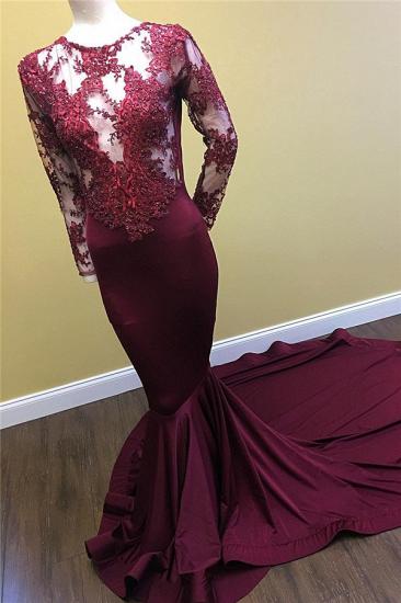 See Through Beaded Lace Appliques Burgundy Prom Dresses 2022 Mermaid Long Sleeve Evening Gown_1