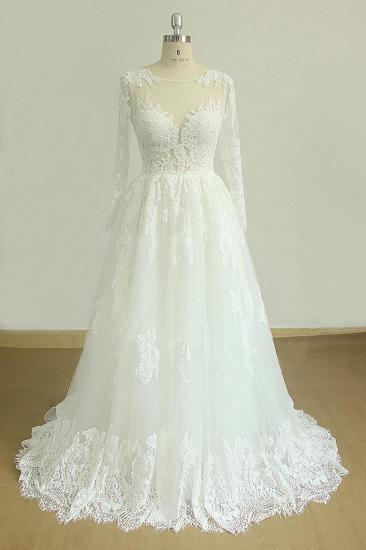 Wunderschönes Langarm-Hochzeitskleid mit weißen Applikationen | Tüll-Spitze-Juwel-Brautkleid_1