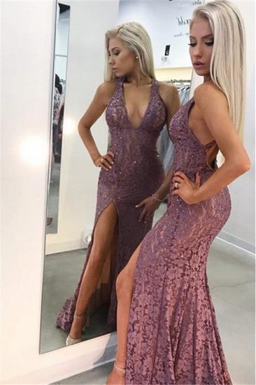 Elegant V-Neck Lace Sleeveless Cheap Prom Dresses | 2022 Open Back Side Slit Sexy Evening Dresses with Beading