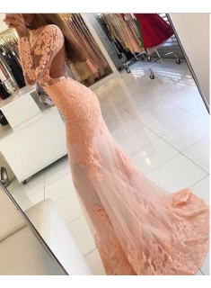 Long Sleeve Coral Lace Formal Dress 2022 Appliques Newest High Neck Mermaid Prom Dress_3