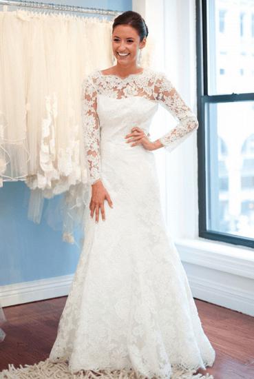 A-Line Lace Sweep Train Bridal Gown with Chain Popular Open Back Plus Size Wedding Dresses_3