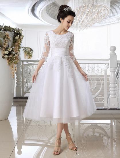 Half Sleeves Jewel Tulle Lace Knee-Length Ruffles Wedding Dresses