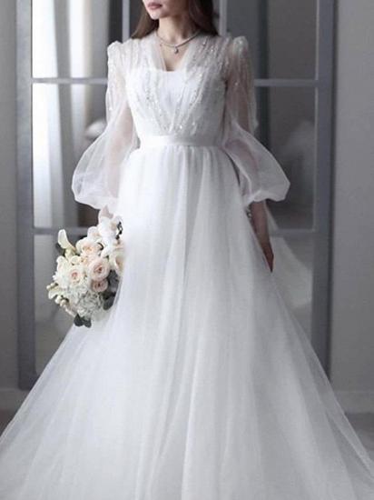 Sexy See-Through A-Line Wedding Dress V-neck Lace Tulle 3/4 Sleeve Bridal Gowns Backless with Sweep Train