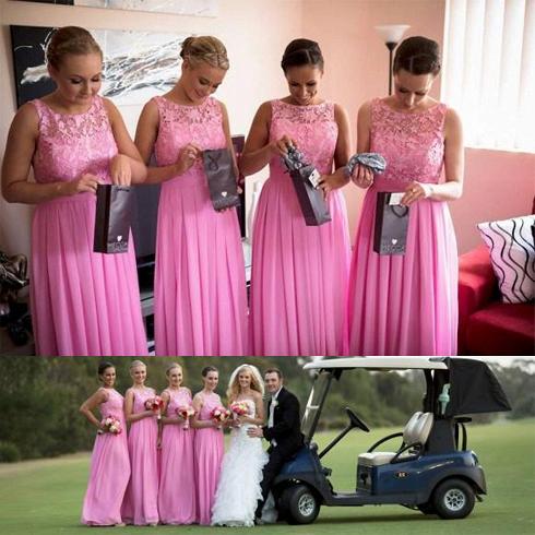 Cheap Pink Lace Long Bridesmaid Dress Popular Chiffon Floor Length Dresses for Wedding_3