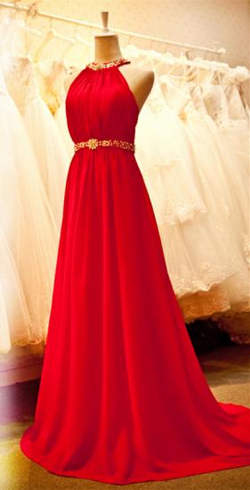 Reizvolle helle rote Chiffon- Halter-Abschlussball-Kleider mit Kristallschärpe-langen Zug-Rüschen-nach Maß Abendkleidern CJ0146