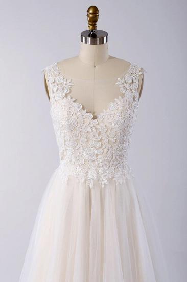Stilvolles Tüll-Hochzeitskleid mit V-Ausschnitt und Trägern | Applikationen A-Linie Rüschen Brautkleider_4