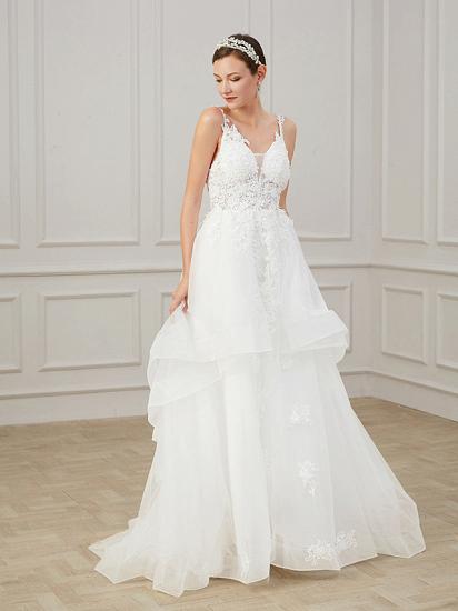 A-Line Wedding Dress V-neck Chiffon Lace Tulle Sleeveless Bridal Gowns Formal Plus Size with Sweep Train_4
