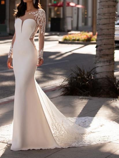 Formal Mermaid Jewel Wedding Dress Lace Satin Sleeveless Bridal Gowns  with Court Train
