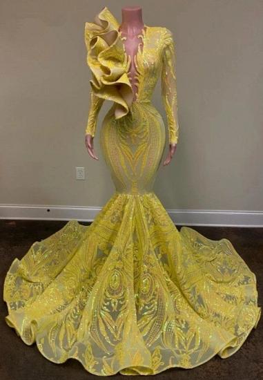 Yellow flowers neckline mermaid sequin prom dress_1