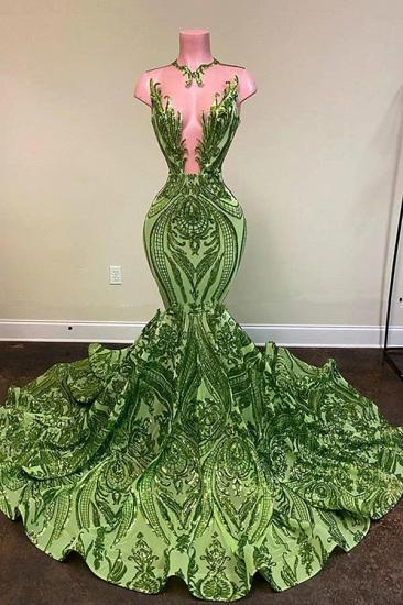 Grünes Pailletten-Abschlussballkleid im Meerjungfrau-Stil mit V-Ausschnitt und Hofschleppe