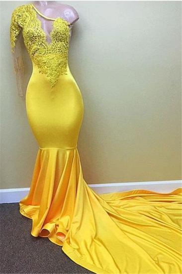 New Arrival Yellow One Shoulder Mermaid Prom Dresses 2022 Long Sleeves Appliques Evening Dresses_1
