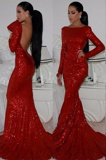 Red Evening Dresses Bateau Sequined Prom Dress Long Sleeve Elegant Mermaid Evening Gowns