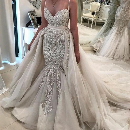 Glamorous Spaghetti-Sreaps Lace Wedding Dress| Ruffles Overskirt Bridal Gowns_2