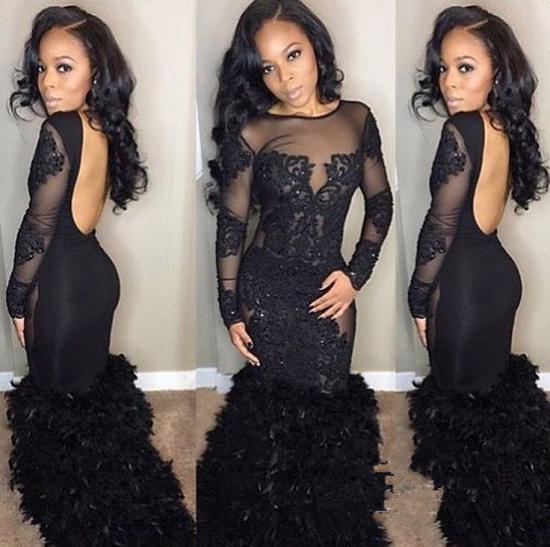 Sexy Black Mermaid Prom Dress | Long Sleeve Lace Evening Gowns_4