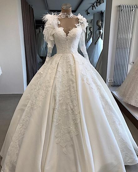 Long-Sleeves Brilliant High-Neck Appliques Flowers Feather Wedding Dresses_5