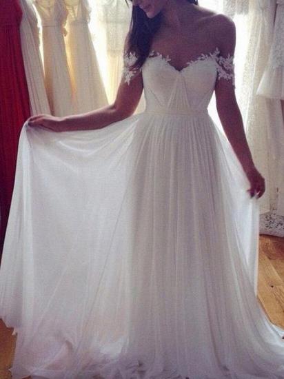 Sweep Train A-Line Chiffon Sleeveless Applique Lace Off-the-Shoulder Wedding Dresses_3