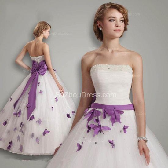 Elegante weiße trägerlose Ballkleid-lange Hochzeits-Kleider mit lila Schmetterlings-einzigartiger bördelnder Schärpe Bowknot-Brautkleidern_4