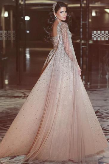 2022 Sexy Full Beads Sequins Open Back Evening Dresses Luxurious Pink Prom Dress with Cape Sleeves_3