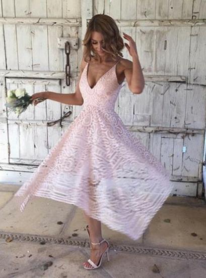 High Low V-Neck Asymmetrical Pearl Pink Lace Bridesmaid Dress_4