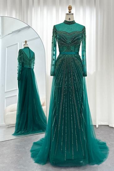 Gorgeous High Neck Beading Sequins Mermaid Evening Gown Long Sleeves Tulle Party Dress with Sweep Train_12