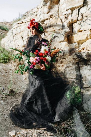 Black Lace Long Sleeves Wedding Dress Tulle Aline Floor Length Bridal Dress_7