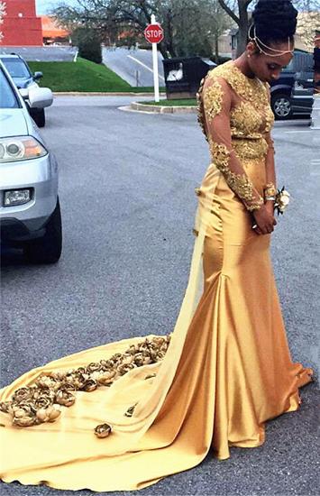 2022 Gold Lace Prom Dresses with Flowers | Open Back Long Sleeve Popular Evening Gown