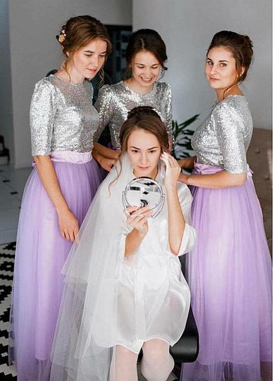 Kaufen Sie wunderschöne Brautjungfernkleider in A-Linie mit Pailletten-Spitze, Juwel, Lavendel und Lila mit Gürtel für Strandhochzeiten
