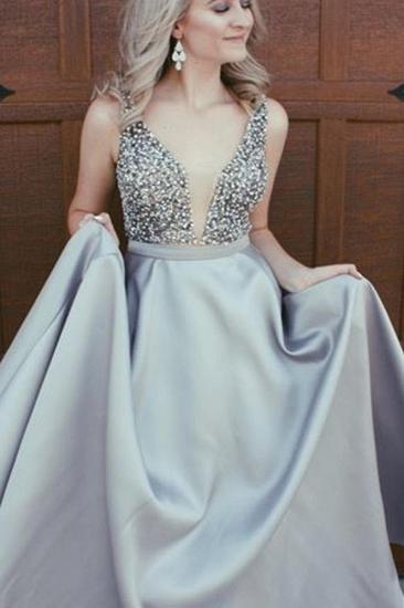 Elegant Sparkly Beads Top A-line Evening Dress Open Back Stretch Satin Prom Gown_2