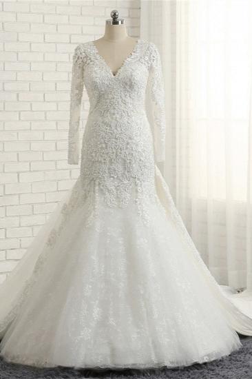 TsClothzone Unique Mermaid Longsleeves V-neck Wedding Dresses White Lace Bridal Gowns With Appliques On Sale_1
