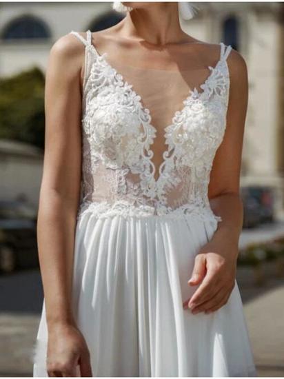A-Line Wedding Dress V-neck Chiffon Lace Sleeveless Bridal Gowns Beach Sexy See-Through with Court Train_3