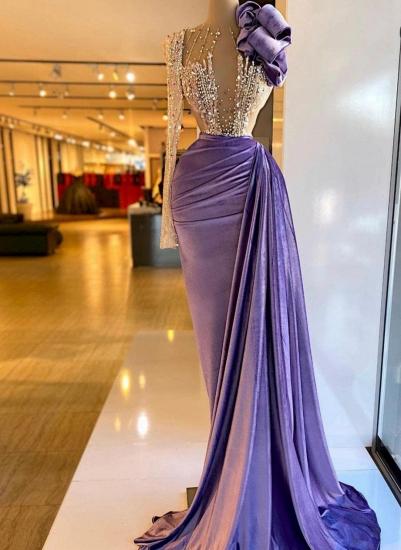 Elegant Purple Beaded One-Shoulder Long Sleeve Prom Dress | V-Neck Tddecoration Column Prom Dress