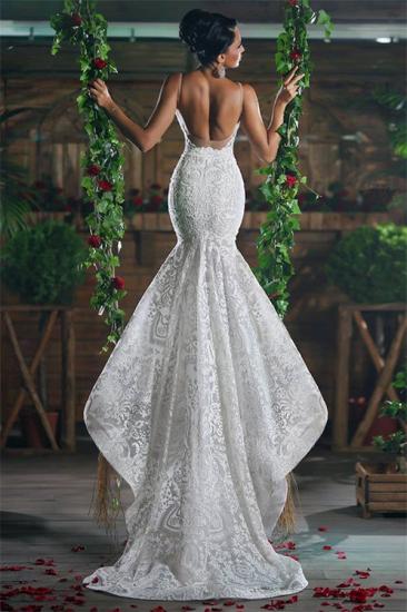Sexy V-neck Mermaid Wedding Dresses Long Unique Lace Ope Back Tulle Straps Bridal Gowns_1