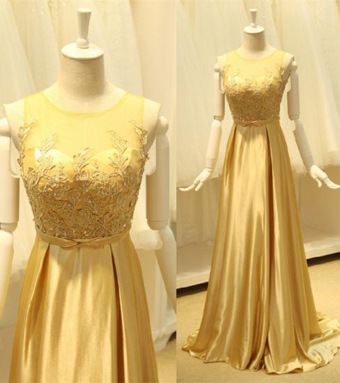Elegant Gold Silk Chiffon Long Evening Dresses Sweep Train Sheer Top Beads Popular Prom Dresses