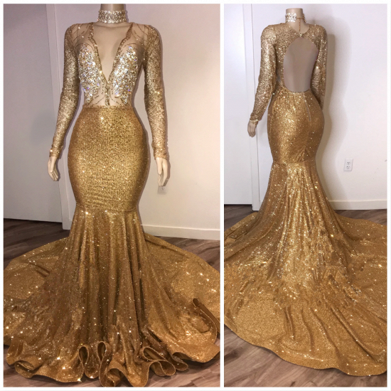 Open Back Gold Ballkleider Billig mit Choker | Langarm Meerjungfrau V-Ausschnitt Sexy Abendkleider mit Kristallen_2
