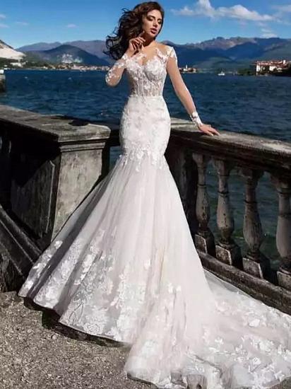 Mermaid Wedding Dress Bateau Lace Tulle Lace Over Satin Long Sleeves Bridal Gowns Sexy See-Through Backless with Court Train_2