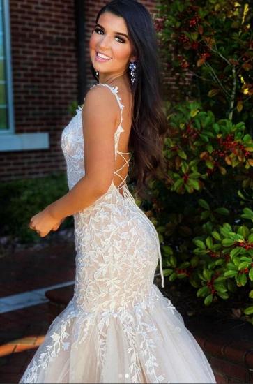 Elegant White Straps Tulle Lace Appliques Mermaid Bridal Gown_3