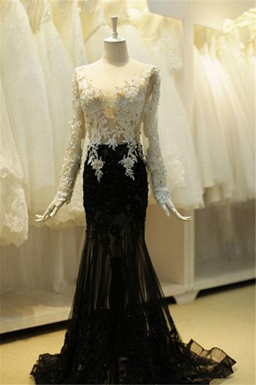 Long Sleeve Flowers Prom Dresses 2022 V-neck Sheer Tulle Mermaid Black Evening Dress_1