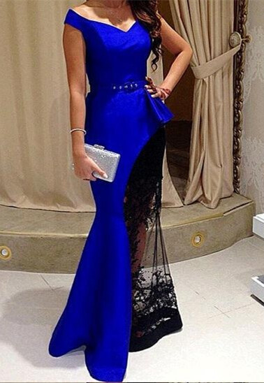 V-Neck Royal Blue Floor Length Evening Dress Satin Custom Made Formal Occasion Dress