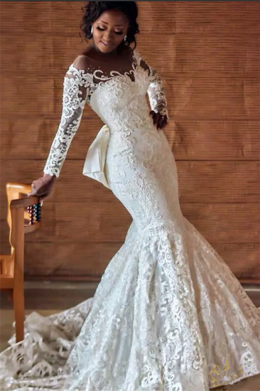 Long Sleeve Lace Wedding Dresses Cheap | Sexy Sheer Tulle Mermaid Bridal Dresses with Bow_1