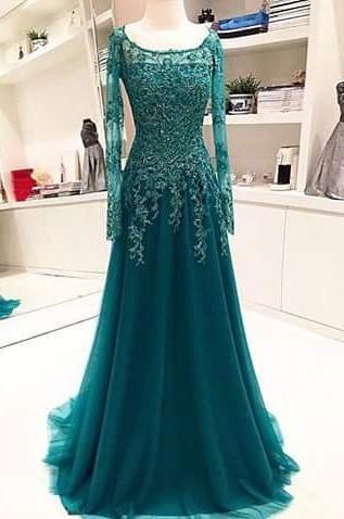 A-Line Long-Sleeves Lace Appliques 2022 Scoop Beaded Blue Evening Dress_1