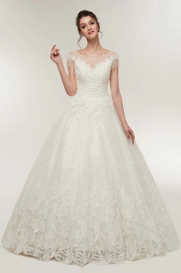 YVETTE | A-line Cap Sleeves Scoop Floor Length Lace Appliques Wedding Dresses with Crystals_1